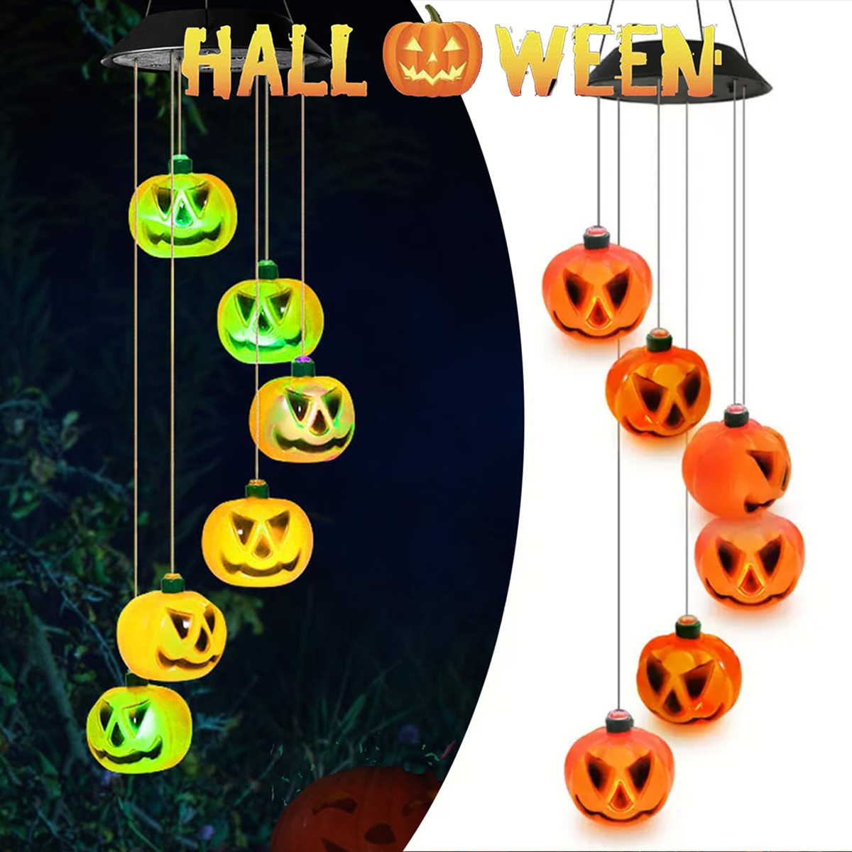 Halloween Pumpkin Decor Led - Op zonne-energie werkende Halloween-pompoenwindgong met kleurrijke
