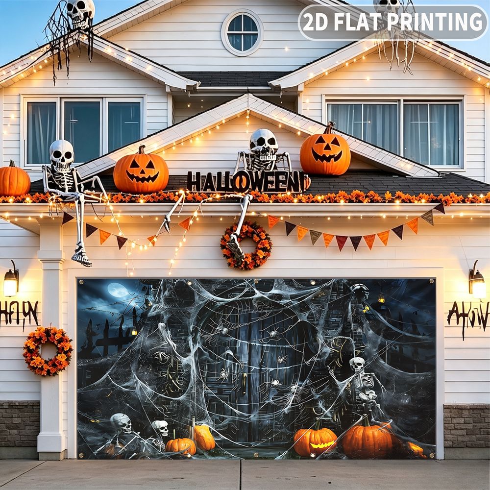 Spider Web Halloween Decoration - 1 stuk 2D platte Halloween-feestgaragebanner, met