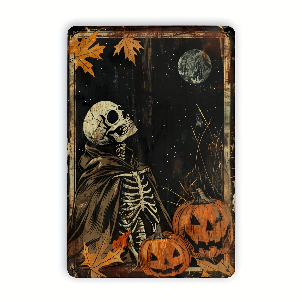 Halloween Skeleton Decoration - Halloween-skelet en pompoen, metalen blikken bord